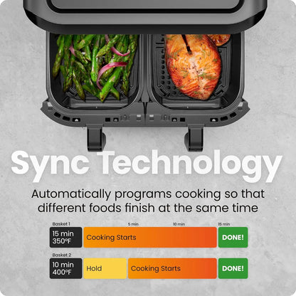 6 Quart Dual Basket Air Fryer Oven with Easy View Windows, Sync Finish, Hi-Fry, Auto Shutoff, 2 Independent 3Qt Nonstick