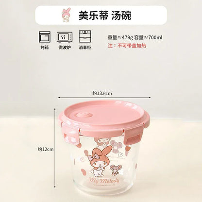 Sanrio Kawaii Hello Kitty Glass Lunch Box My Melody Kuromi Anime Cartoon Sweet Microwaveable Sealed Soup Bowls with Separate Lid