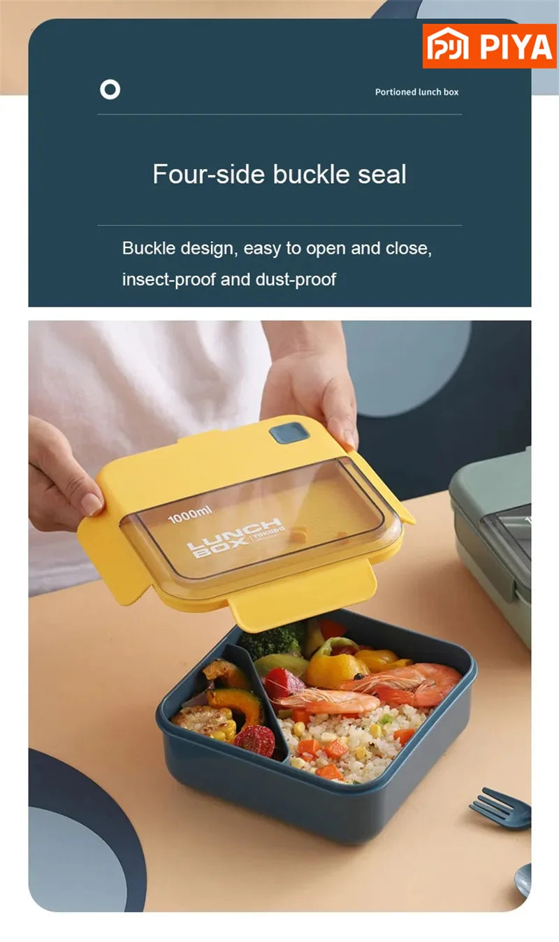 Portable Lunch Box Grid Children Student Office Bento Box with Fork Spoon Leakproof Microwavable Prevent School Food Storage Box