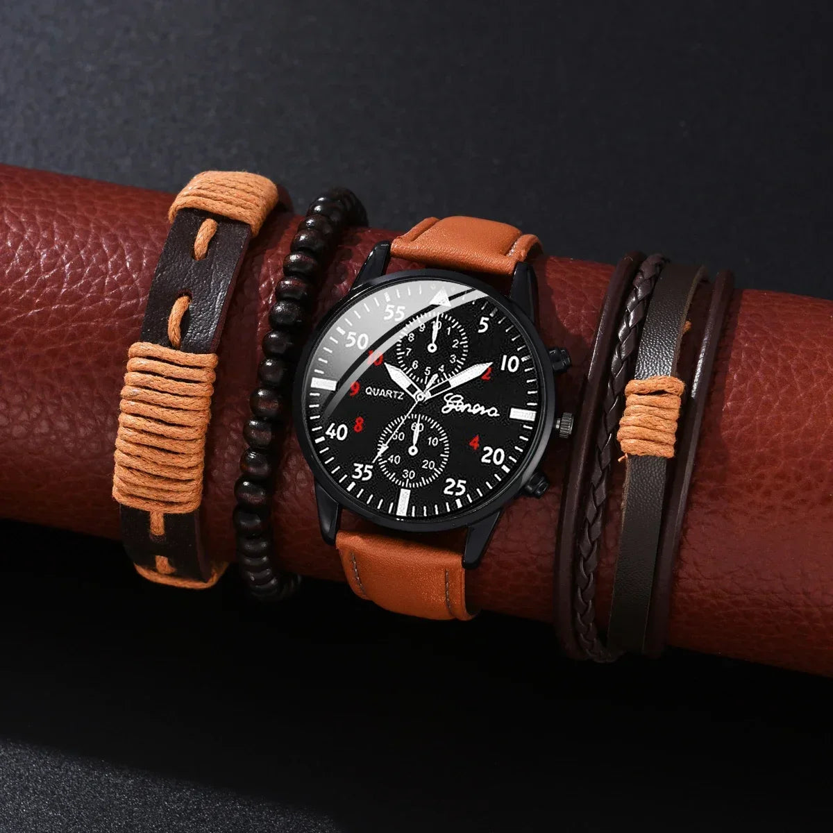 4/2/1pcs Men Sports Watches Set Man Business Quartz Wristwatch Luxury Brown Leather Bracelet Men Casual Clock Watch（NO Box）