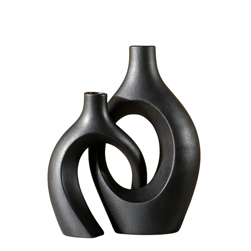 ,  Hollow Cuddled Ceramic Vase, 2 for Modern Home Decoration, Boho Donut Vase, Black and White Minimalist Decorative Flowerpot