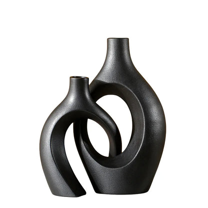 ,  Hollow Cuddled Ceramic Vase, 2 for Modern Home Decoration, Boho Donut Vase, Black and White Minimalist Decorative Flowerpot