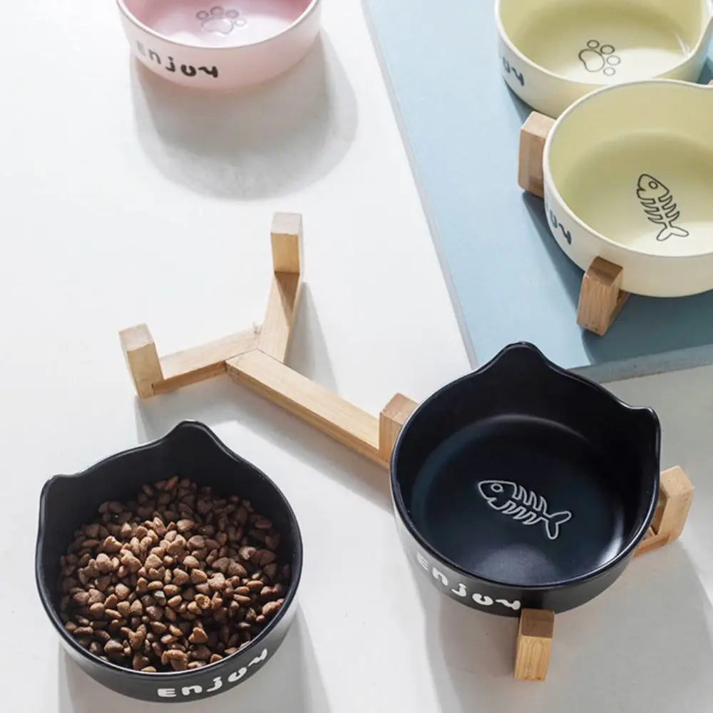 Ceramic Pet Bowl Cute Single/Double Bowl Dog Food Feeding Basin Large Capacity with Rack Pet Drinking Feeder Neck Protection