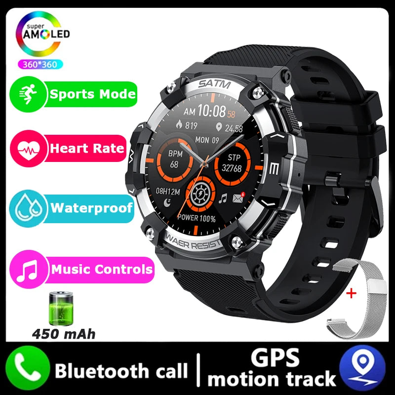 New Outdoor Military Smartwatch For Men Health Monitor Bluetooth Call Voice Assistant GPS Sports Waterproof Men Smartwatch 2024