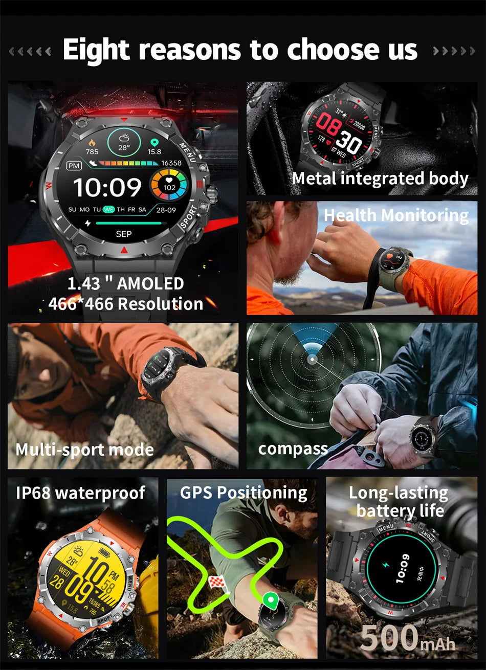 Military GPS Smart Watch Men AMOLED HD Screen Altitude Compass Heart Rate Sports Watch BT Calling IP68&10ATM Waterproof Watch