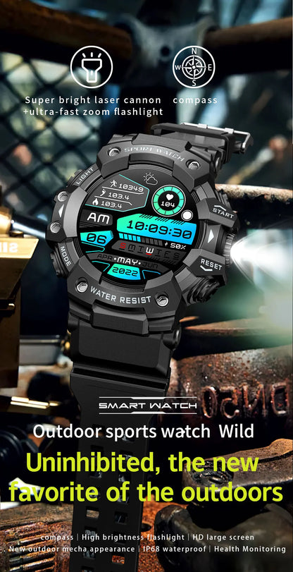 2025 Rugged Sport Smart Watch Bluetooth Calls Colorful Waterproof Military Smartwatches with Flashlight SOS COMPASS for Phone