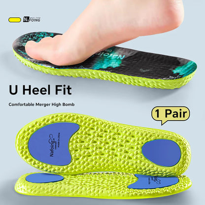 A pair of blue 4D soft fabric sports insoles - super breathable, high impact shock-absorbing air cushion