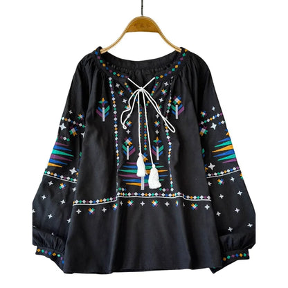 Women's Autumn Blouse Temperament Fashionable Vintage Embroidered Shirt 2024 New Bohemian Vacation Style Loose Top BL026