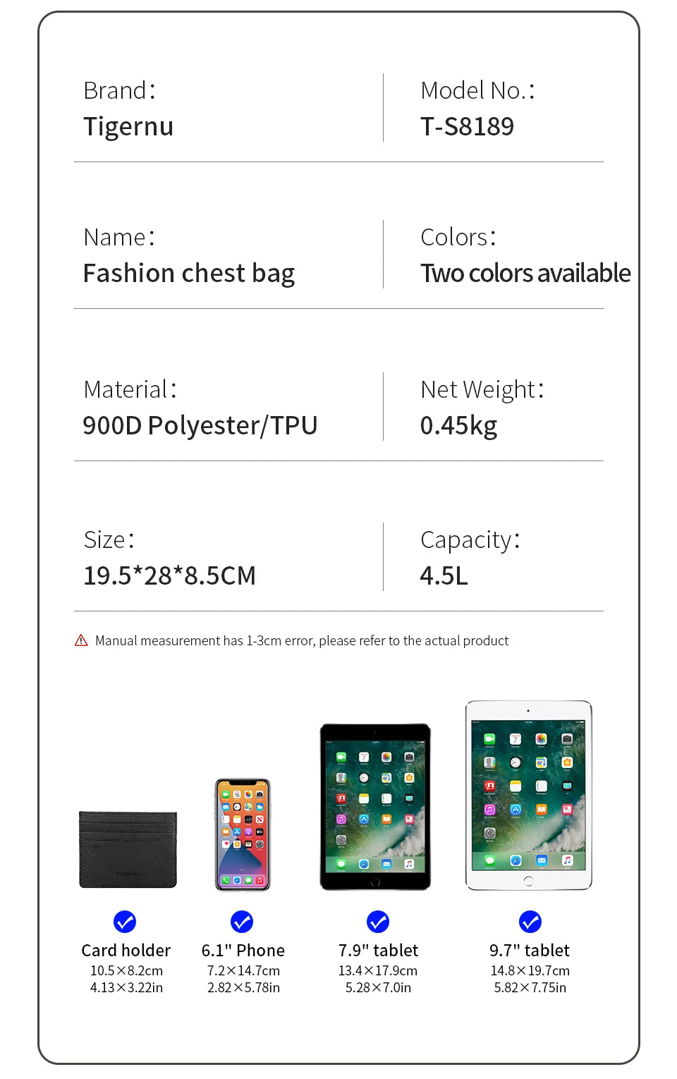 Lifetime Warranty Chest Bag For Men Cool Style Men Shoulder Bag 9.7inch IPad Bag Casual Male Crossbody Bag Lightweigt Mini Bags