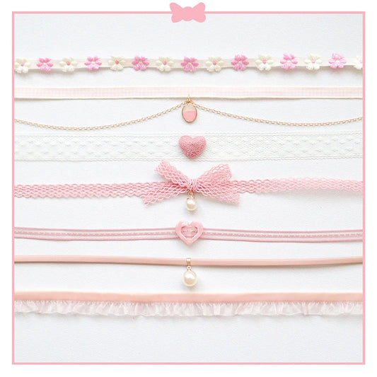 Fashion Women's Choker Necklace Lovely Gothic Pink Lace Pearl Pendant Elastic Short Clavicle Necklace Jewelry Gift For Girls
