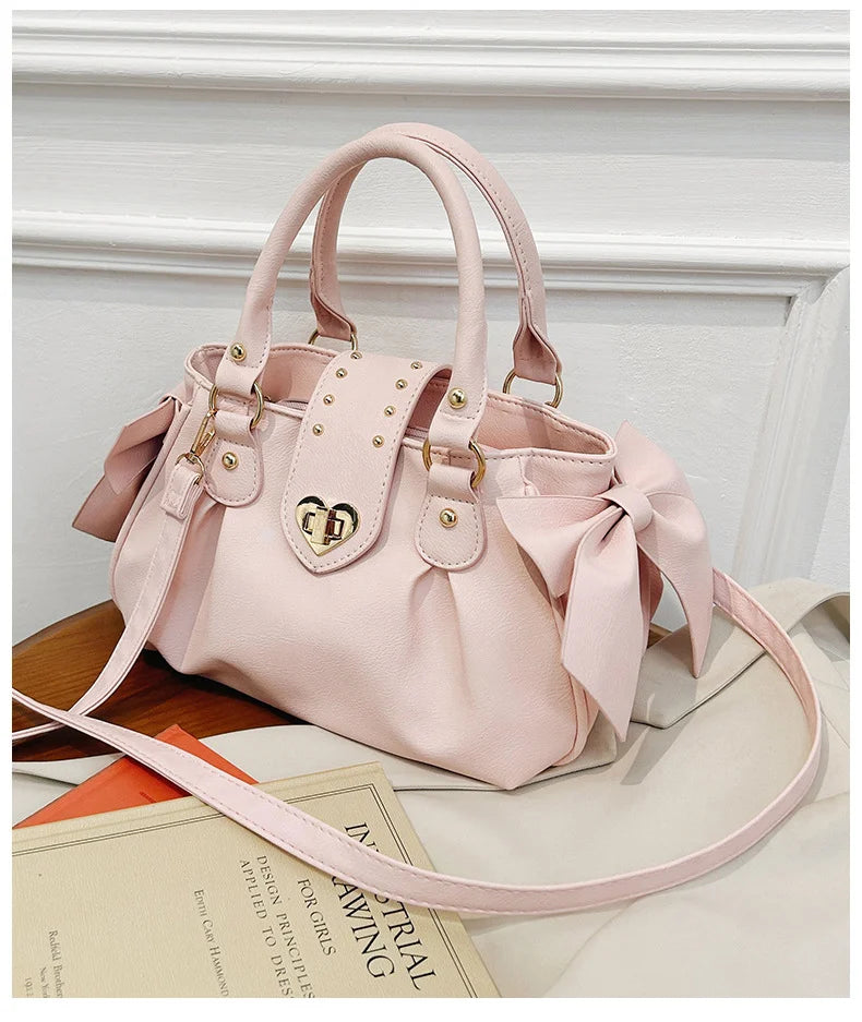 Sweet Bow Lolita Pink Hand Bag Purse Women Harajuku Love Heart Soft Crossbody Bag Lady Kawaii Large Capacity Shoulder Bag Female