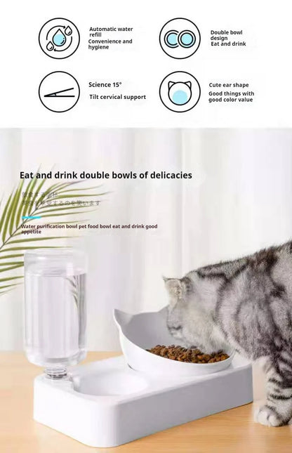 Double Dog Cat Bowls Water and Food Bowl  Tilted15 Degrees Raised Cat Bowls with Automatic Water Bottle-Pet Feeder