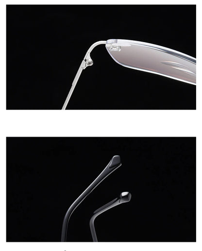 Men's Anti Blue Light Blocking Reading Glasses Cut Frameless Metal HD Lens Eyewear Women Prescription Presbyopic Glasses +400