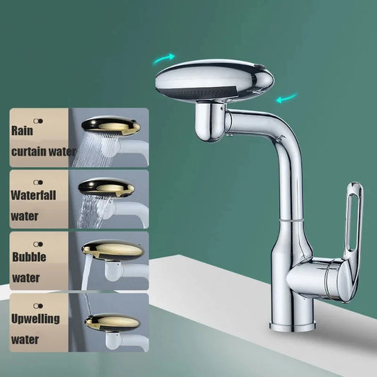 Torneira multifuncional para cascata, 4 modo de saída de água, torneira de pulverização, Rotação 360 °, água quente e fria, mist