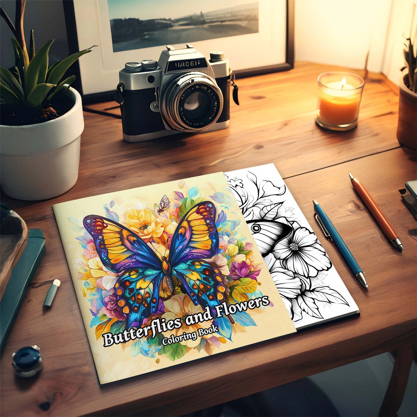 Butterfly and Flowers Adult Coloring Book - 20*20cm 24 Page Art Coloring Book - Helps Reduce Stress and Ease Emotions