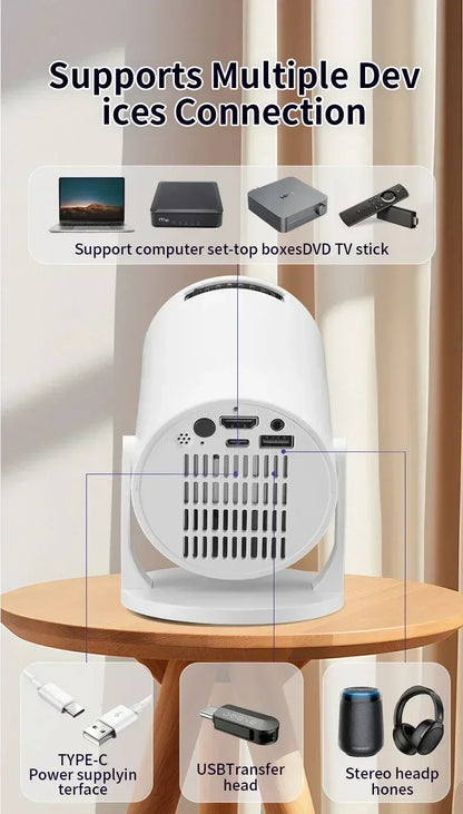 HY200 1080P Portable Projector, 270° Adjustable for Home Theater, Supports Smartphone/Tablet/PC Connection