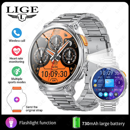 LIGE 1.85"HD Screen Outdoor Sport Smartwatch Men Heart Rate Flashlight Watch 730mAh Battery Waterproof Wireless Call Smart Watch
