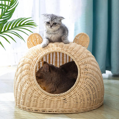 Solid Rattan Cat Bed Round Indoor Nest Cat Shaped Hideaway Kitty Interactive