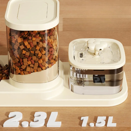2 in 1 Automatic Pet Feeder Water Fountain Cat Dog Food Bowl with Circulating Flow Anti-Slip Splash Proof Slow Feeding Dish