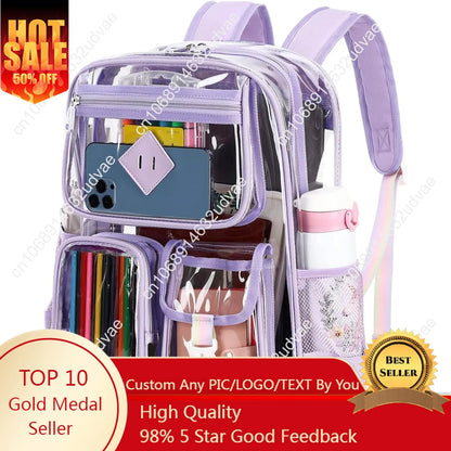 Clear Backpack for School,Heavy Duty PVC Transparent Bookbag for Girls Stadium Approved See Through Backpack