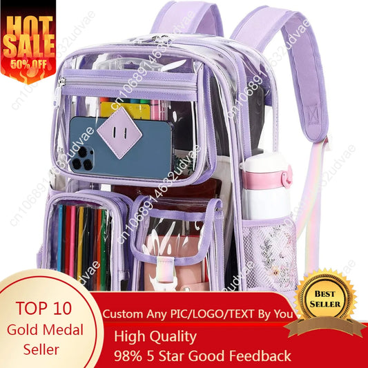 Clear Backpack for School,Heavy Duty PVC Transparent Bookbag for Girls Stadium Approved See Through Backpack