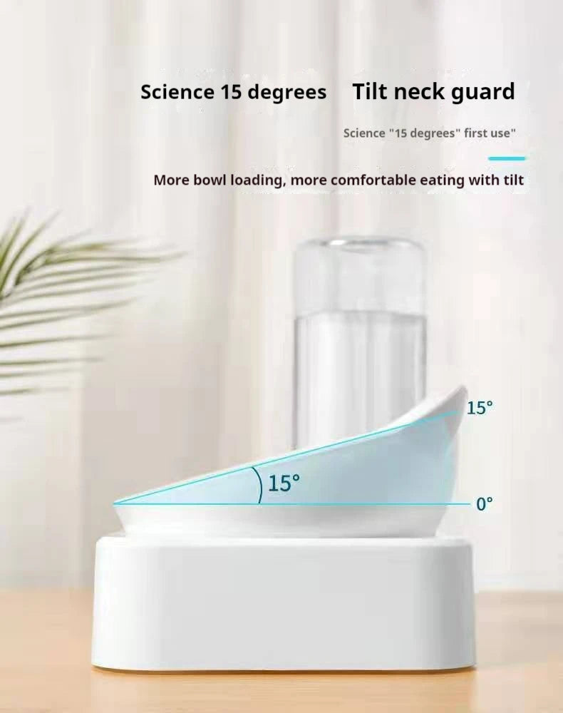 Double Dog Cat Bowls Water and Food Bowl  Tilted15 Degrees Raised Cat Bowls with Automatic Water Bottle-Pet Feeder