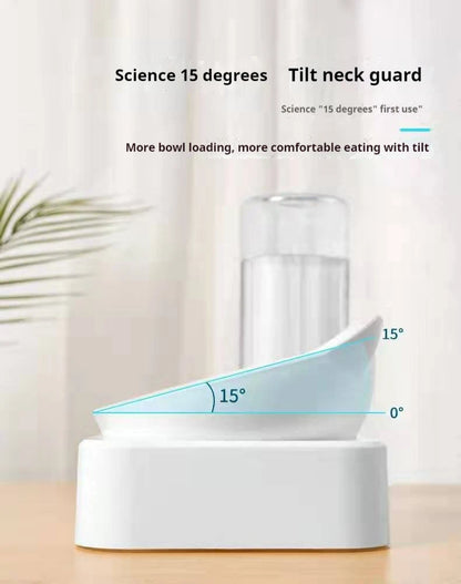 Double Dog Cat Bowls Water and Food Bowl  Tilted15 Degrees Raised Cat Bowls with Automatic Water Bottle-Pet Feeder