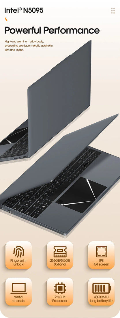 Laptop 15.6 Inch Intel N5095 Windows 10 Notebook Computer 16GB DDR4 512GB SSD 4000mAh Business Study Gaming Portable Laptop