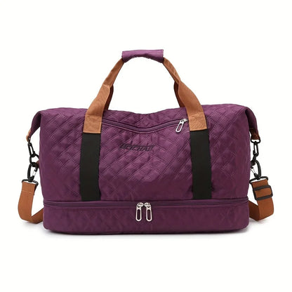 Nylon Travel Duffle Bag with Shoe Compartment, Large Capacity Argyle Pattern Casual Weekender Overnight Gym Storage Bag