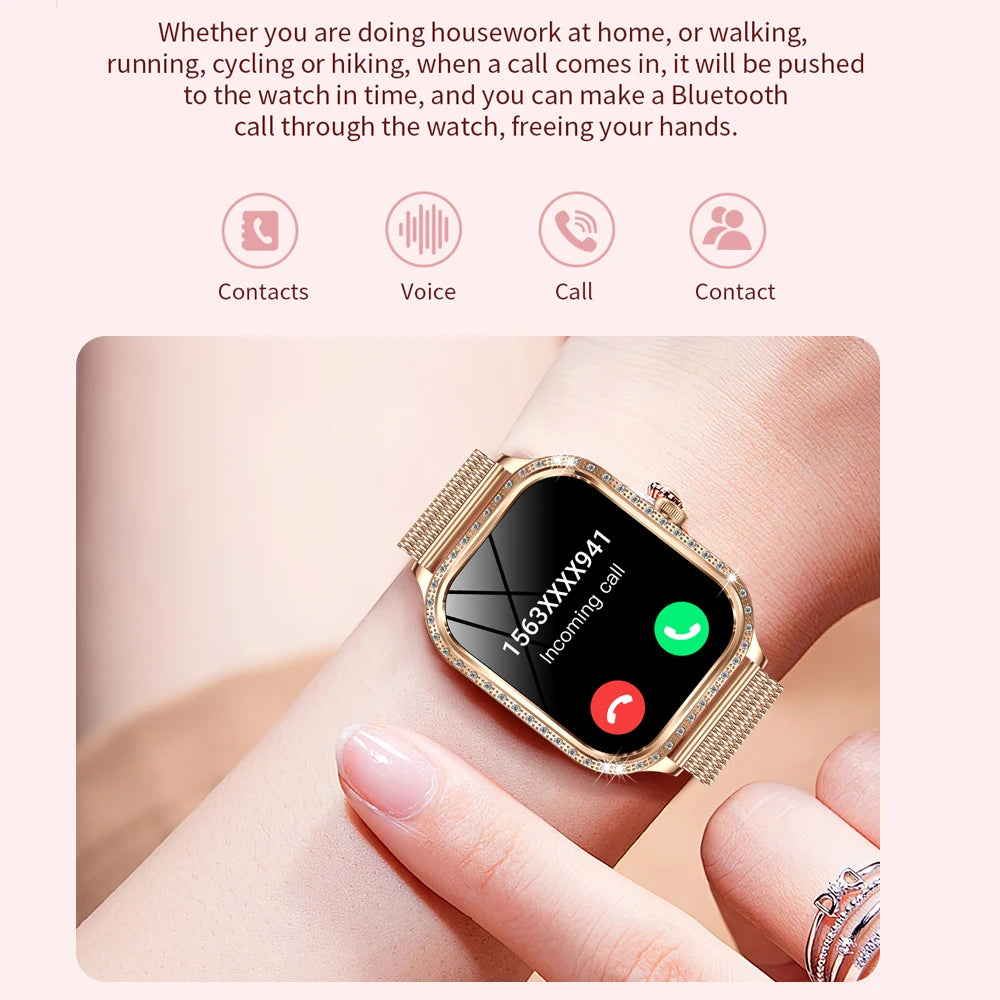New Fashion Women Smart Watch 1.75inch Curved Screen Sports Bracelet BT HD Calling Clock IP68 Waterproof Diamond Case Smartwatch