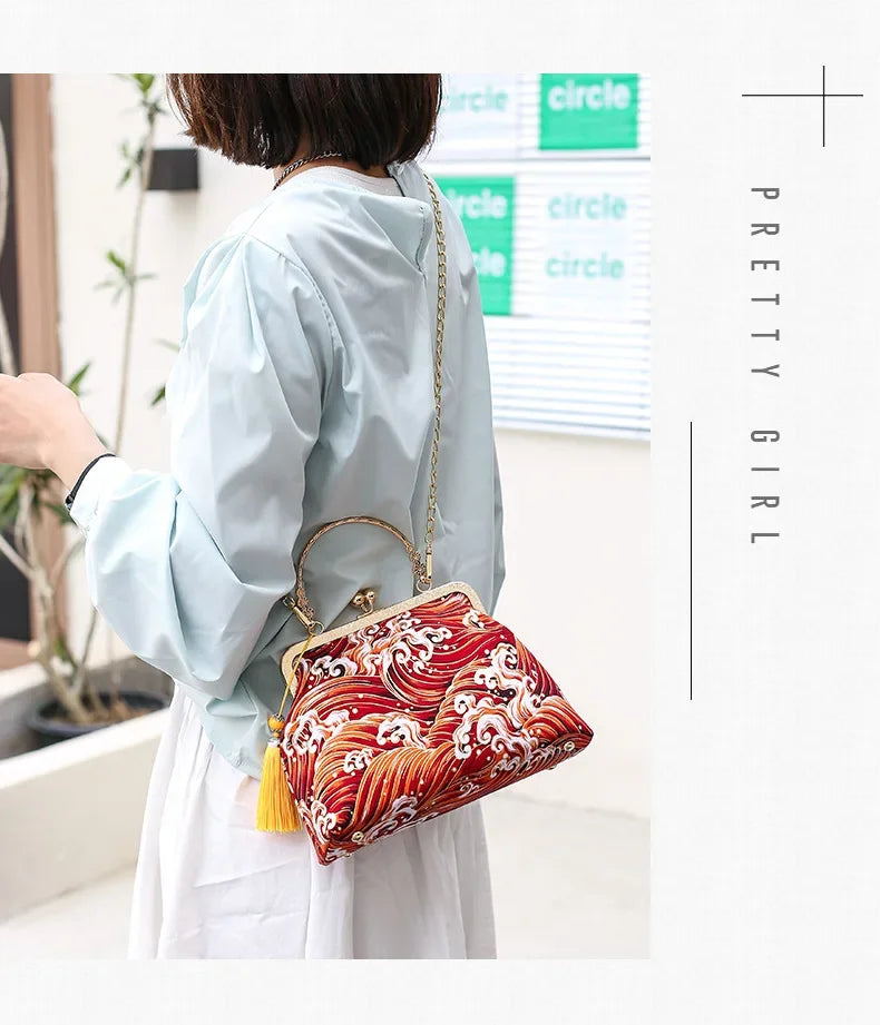 Fashion Vintage Fringe Bag Small Shell Bags Chain Women Shoulder Crossbody Bag Crane Flying Women's Handbags Purses Embroidery