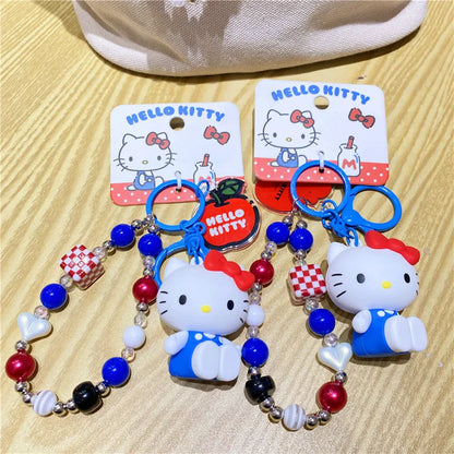 Wholesale Sanrio Keychain Hello Kitty Schoolbag Pendant Kawaii Kt Red Blue White Cartoon Key Kitty Tv Beaded Keyring Girl Gift ﻿