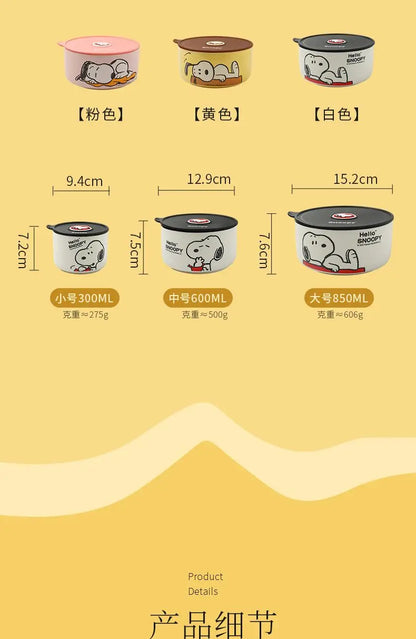 Snoopy animation peripheral cartoon safety bowl sealed ceramic box with lid can be microwaved and portable for office workers