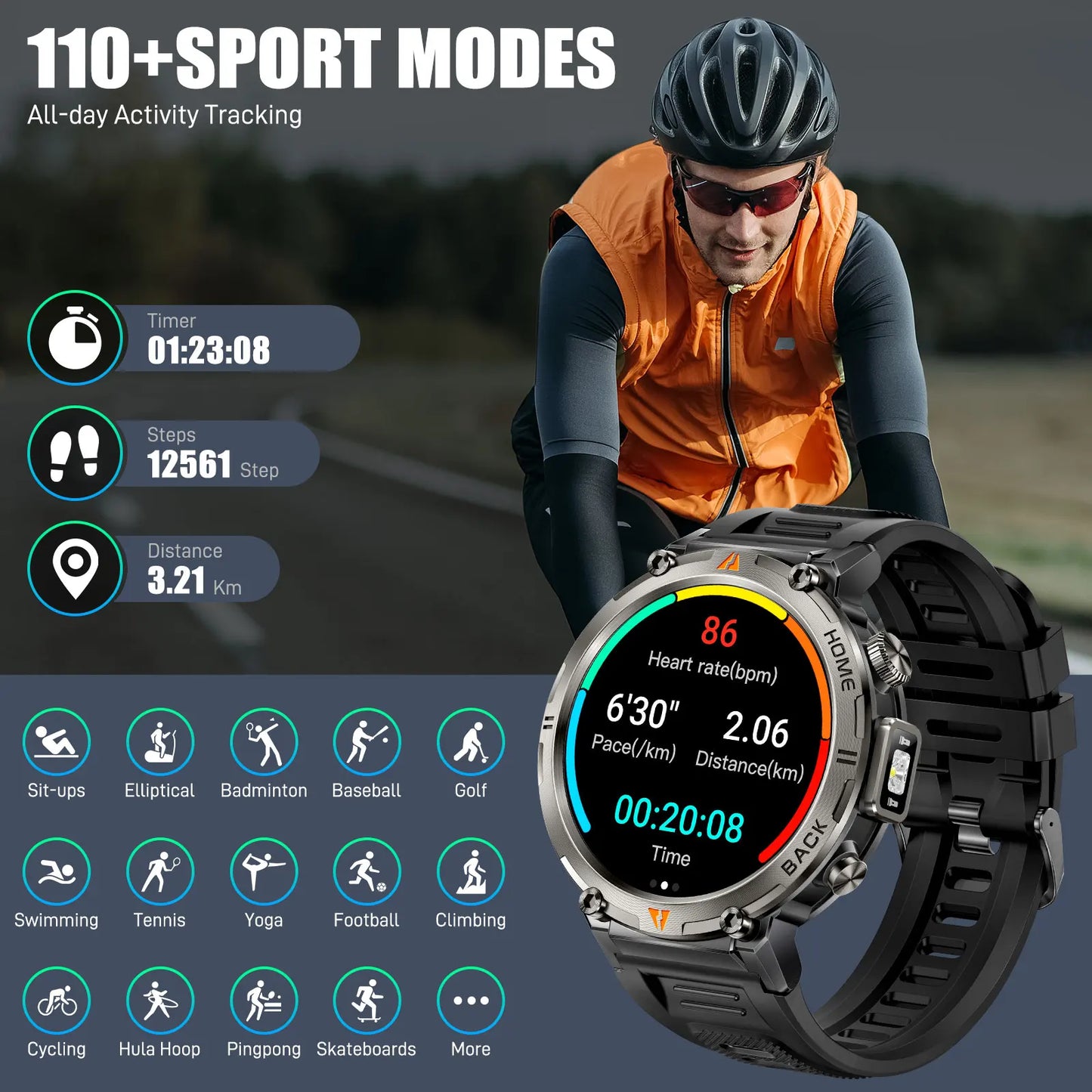 EIGIIS KE3 Smart Watch 3ATM Waterproof Original Design For Men Bluetooth Call Health Monitor With Flashlight 100+ Sports Modes