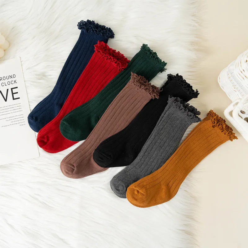 Ruffle Kids Knee High Socks Baby Girls Toddlers Long Soft Cotton Sock Lace Flower Children School Uniform Socks For 0-8 Years