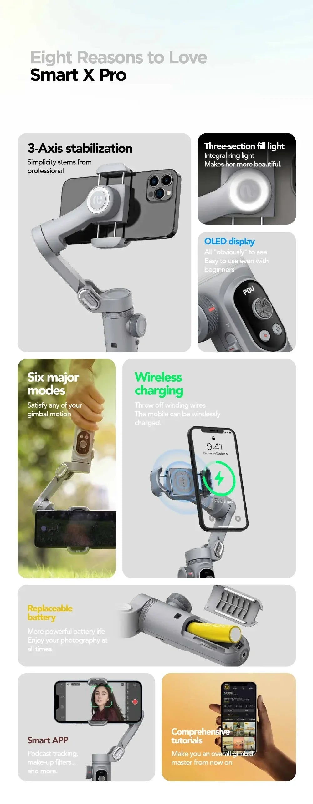 3-Axis Handheld Stabilizer Wireless Charger LED Display Light Focusing Wheel for iOS Android Phones Smart X Pro Universal Joint