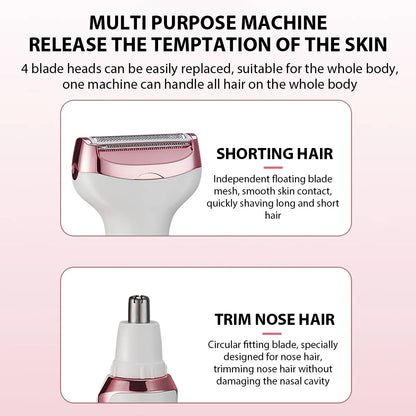 4in1 Electric Epilator Lady Shaver Body Arm Leg Hair Removal Device Painless Cordless Eyebrow Trimmer Women Razor USB Charging