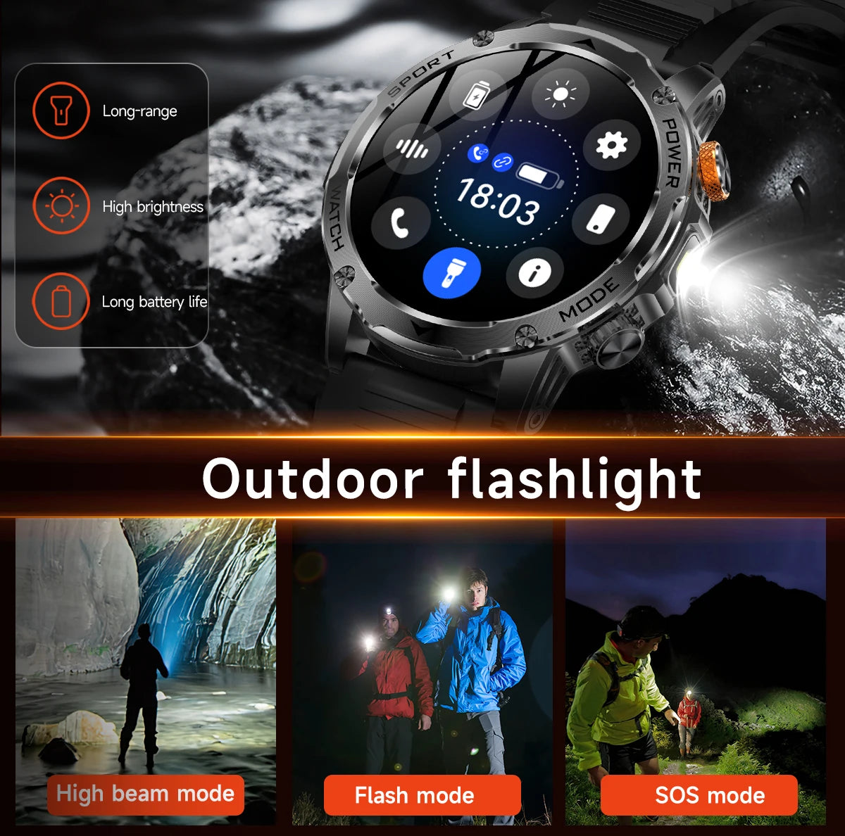 LIGE New 1000mAh Big Battery Smart Watch Men LED Flashlight BT Call IP68 Waterproof Men Watches Spots Smartwatch For Android ios