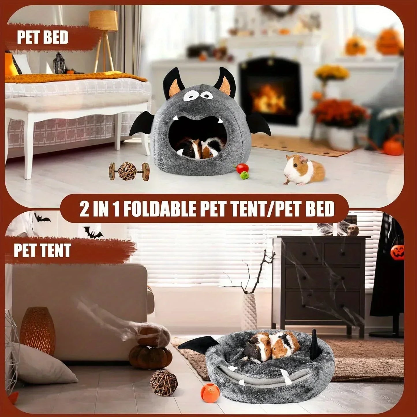 2 in 1 Hamster Nest Halloween Bat-Shaped Cozy Bed for Hamster Guinea Pigs Rabbits & Small Pets Soft Plush Polyester Hideout Bed