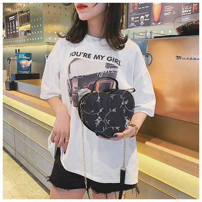 Sweet Lace Round Handbags High Quality PU Leather Women Crossbody Bags for Women 2025 Small Fresh Flower Chain Shoulder