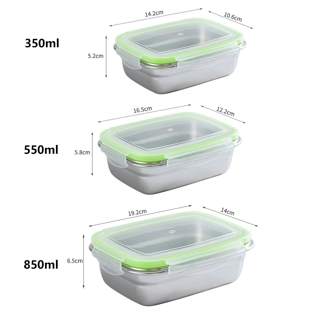 304 Stainless Steel Food Grade 1/3 Set Food Storage Container Lunch Box Leak-Proof Silicone Lid Dishwasher Safe Bento Box