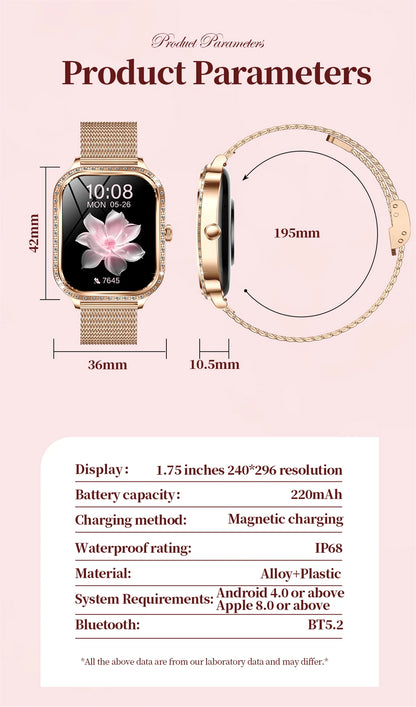 New Fashion Women Smart Watch 1.75inch Curved Screen Sports Bracelet BT HD Calling Clock IP68 Waterproof Diamond Case Smartwatch