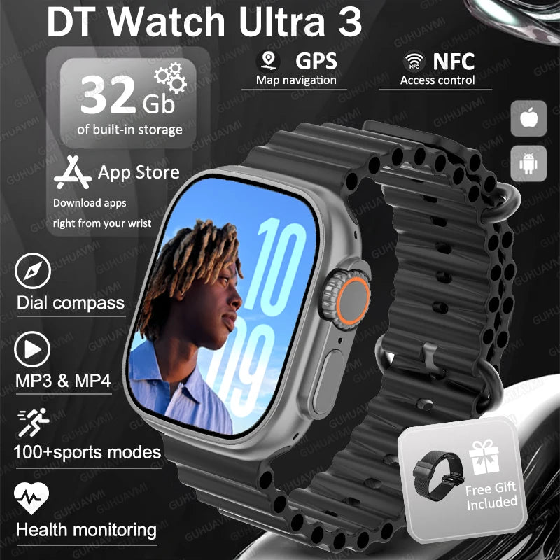 DT Ultra 3 Pro Smart Watch HD AMOLED Screen 32GB MP3 MP4 Player  APP Store GPS Navigator ChatGPT NFC Sports Smartwatch Men Women