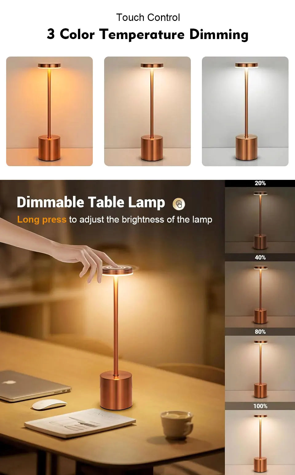 Table lamp USB Rechargeable Wireless desk lamp Dimming Touch night light lamps home decor Retro Portable bedside lamp for room