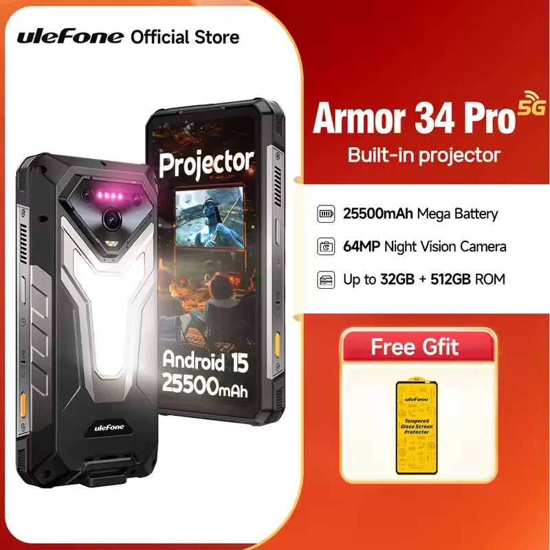 Ulefone Armor 34 Pro 5G AI Rugged Phone 32GB+512GB 25500mAh 6.95" Built-in Projector 120Hz Android 15 MTK 7300 NFC Smartphone