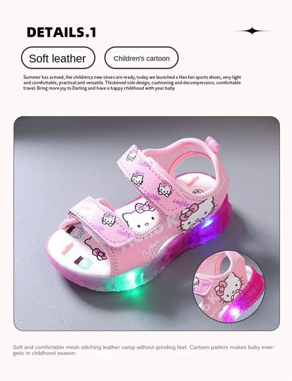 2025 Summer New Baby Girls Led Light Sandals Cute Hello Kitty Children's Casual Shoes Anti-slip Kids Beach Shoes Outdoor Shoes