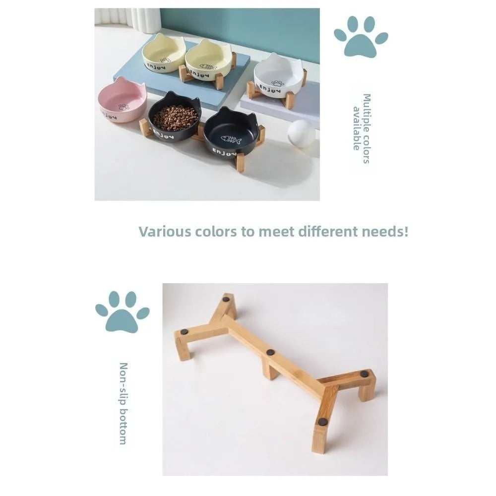 Ceramic Pet Bowl Cute Single/Double Bowl Dog Food Feeding Basin Large Capacity with Rack Pet Drinking Feeder Neck Protection