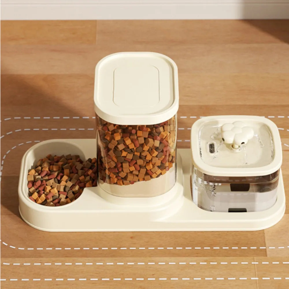 2 in 1 Automatic Pet Feeder Water Fountain Cat Dog Food Bowl with Circulating Flow Anti-Slip Splash Proof Slow Feeding Dish