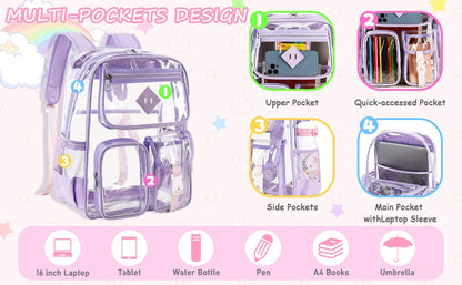 Clear Backpack for School,Heavy Duty PVC Transparent Bookbag for Girls Stadium Approved See Through Backpack