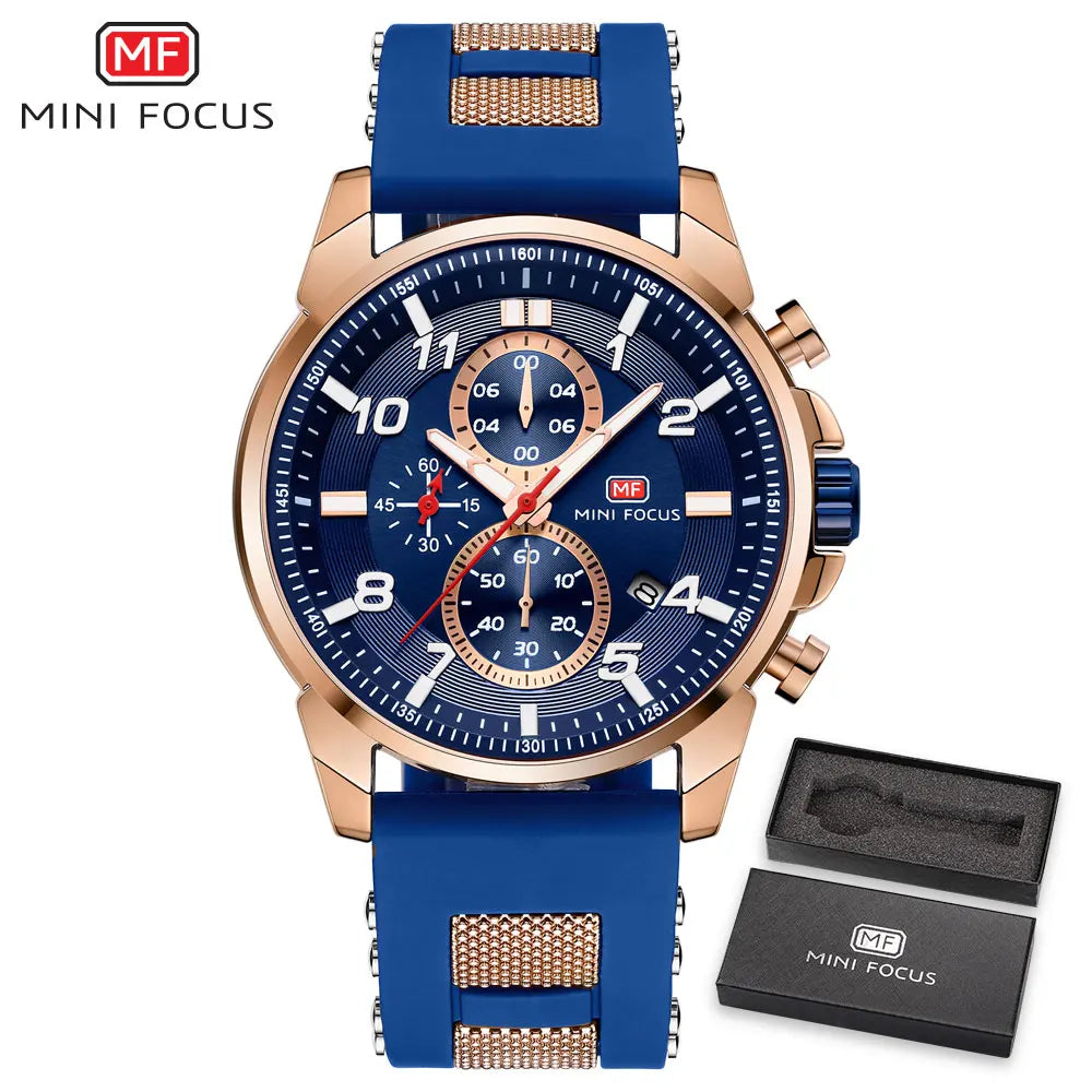 MINI FOCUS Chronograph Quartz Watches Men Blue Silicone Army Sport Top Brand LuxuryWristwatch Man Relogios Masculino Clock 0268